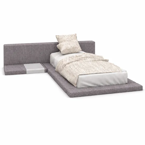 Low Platform Bed – Gray Upholstered Extended Headboard 3D Model