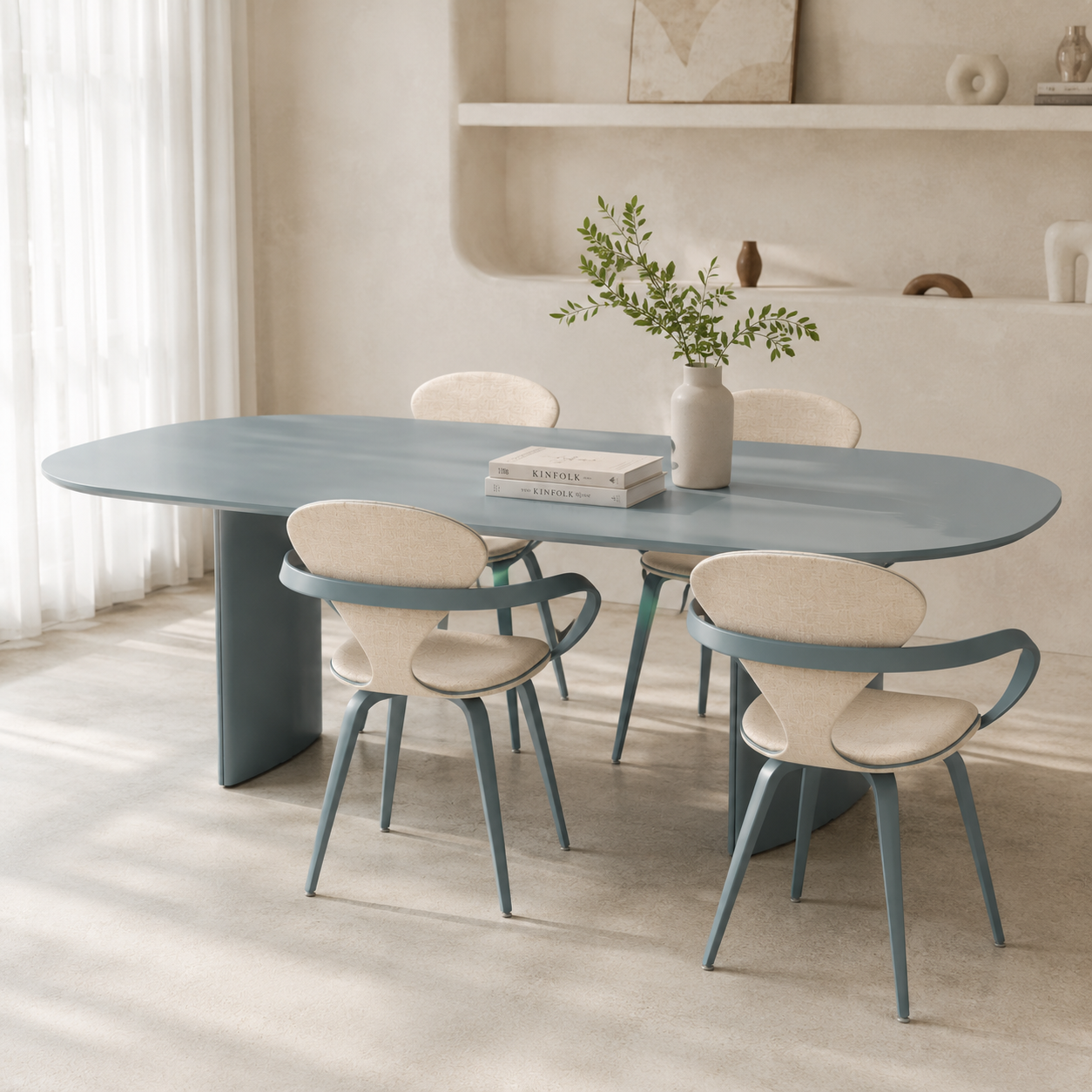 Dusty Blue Oval Dining Set – Beige Wraparound Chairs 3D Model 3