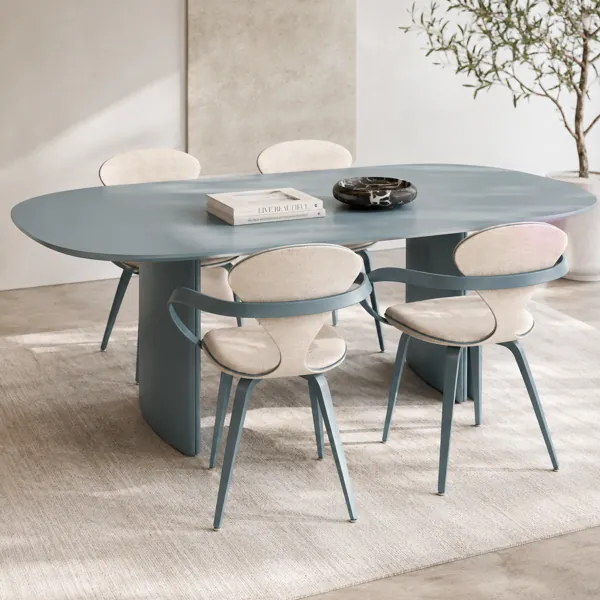 Dusty Blue Oval Dining Set – Beige Wraparound Chairs 3D Model back