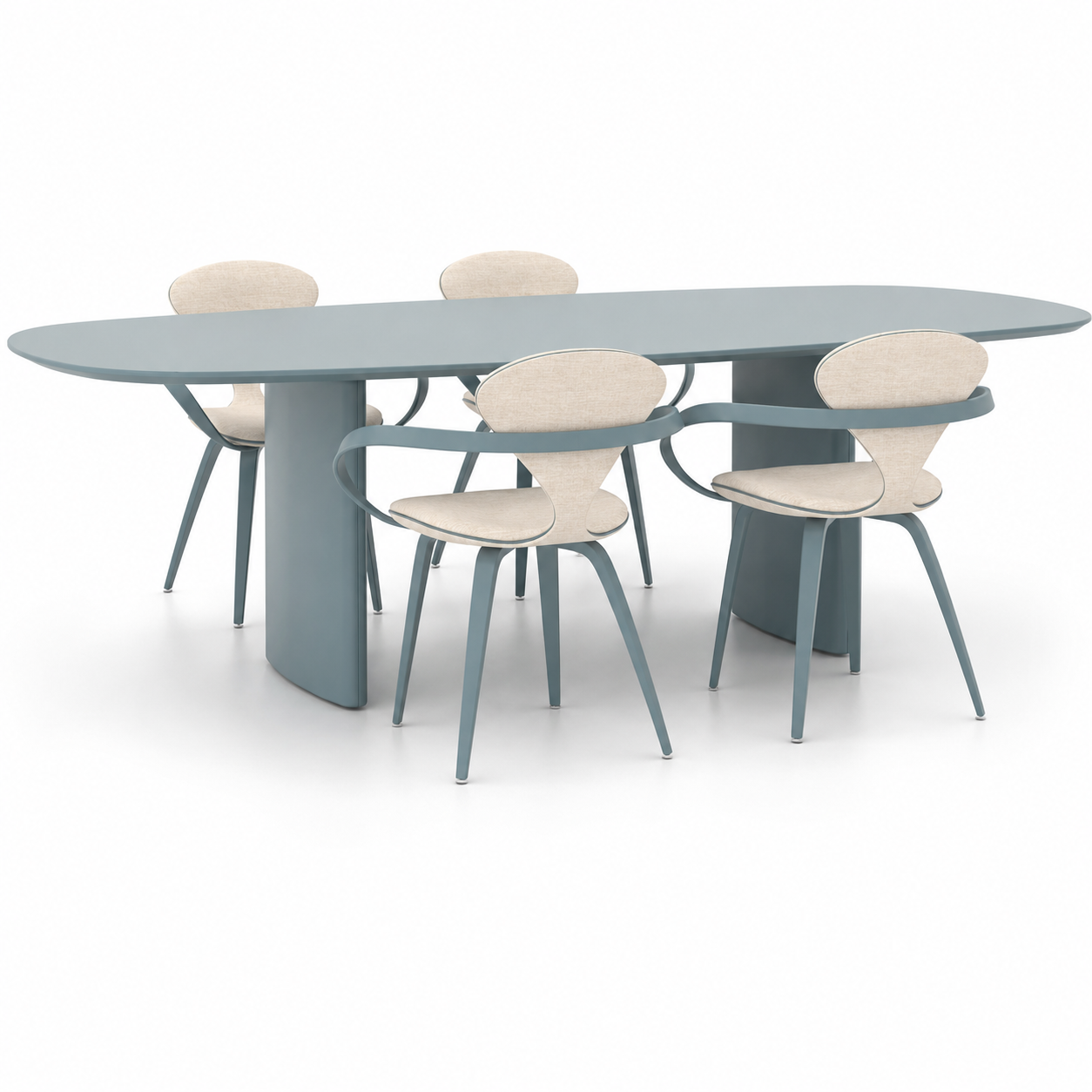 Dusty Blue Oval Dining Set – Beige Wraparound Chairs 3D Model 1