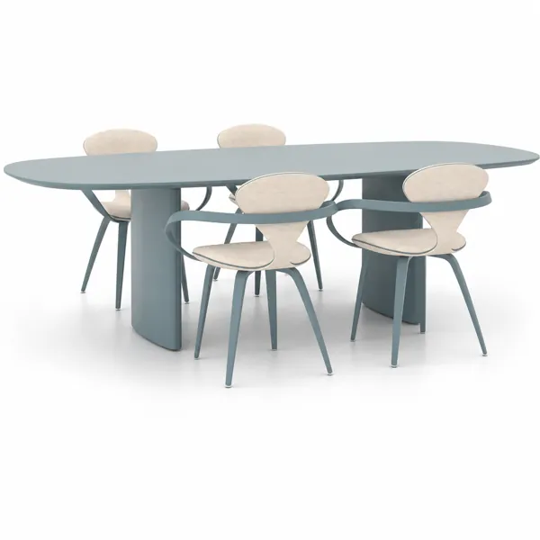 Dusty Blue Oval Dining Set – Beige Wraparound Chairs 3D Model