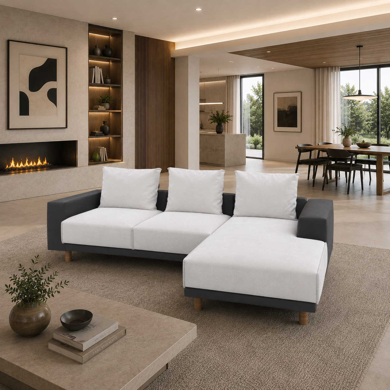 Off-White & Charcoal L-Shaped Chaise Sofa 3D Model 4
