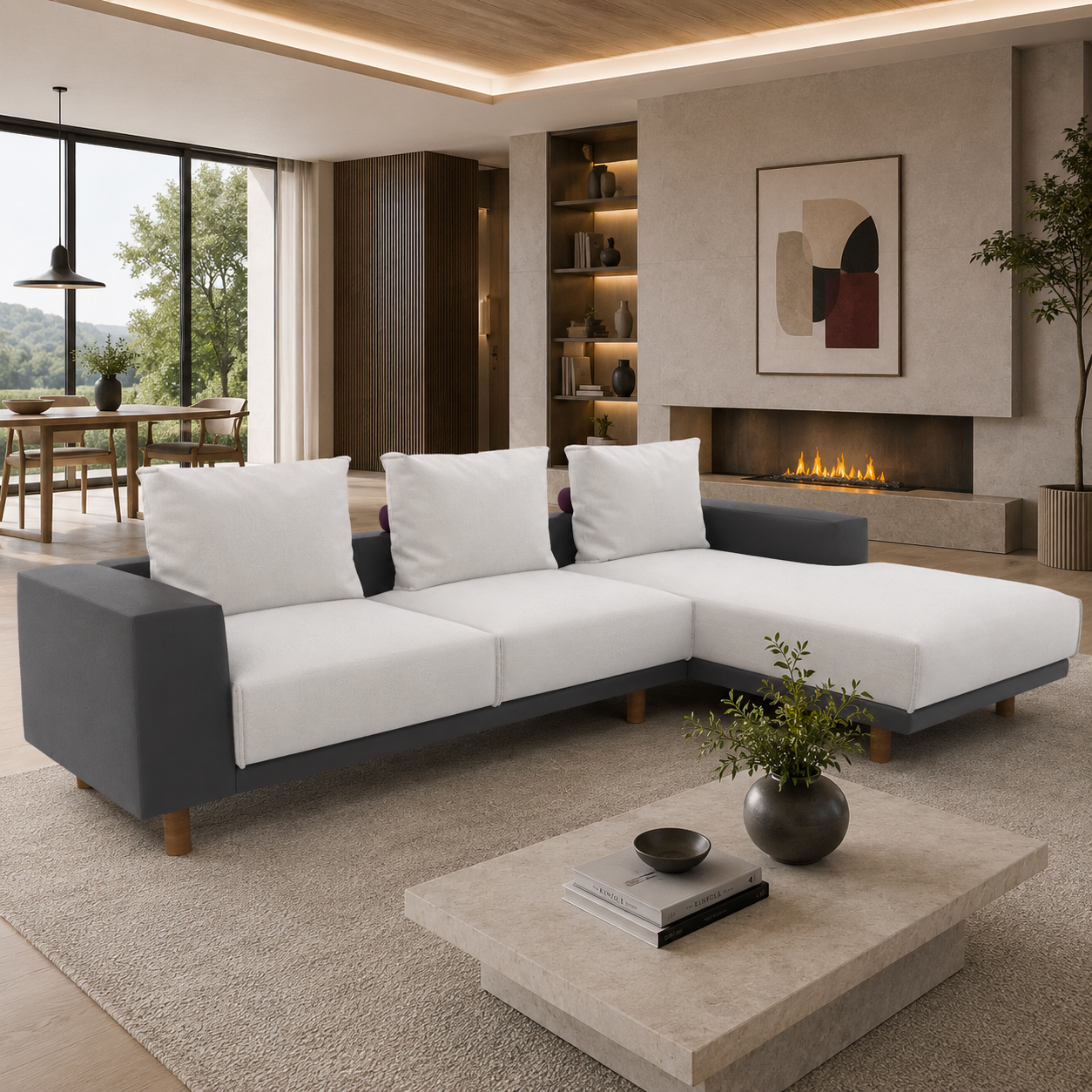 Off-White & Charcoal L-Shaped Chaise Sofa 3D Model 2