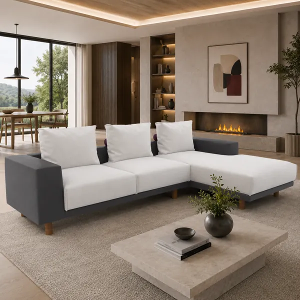 Off-White & Charcoal L-Shaped Chaise Sofa 3D Model back