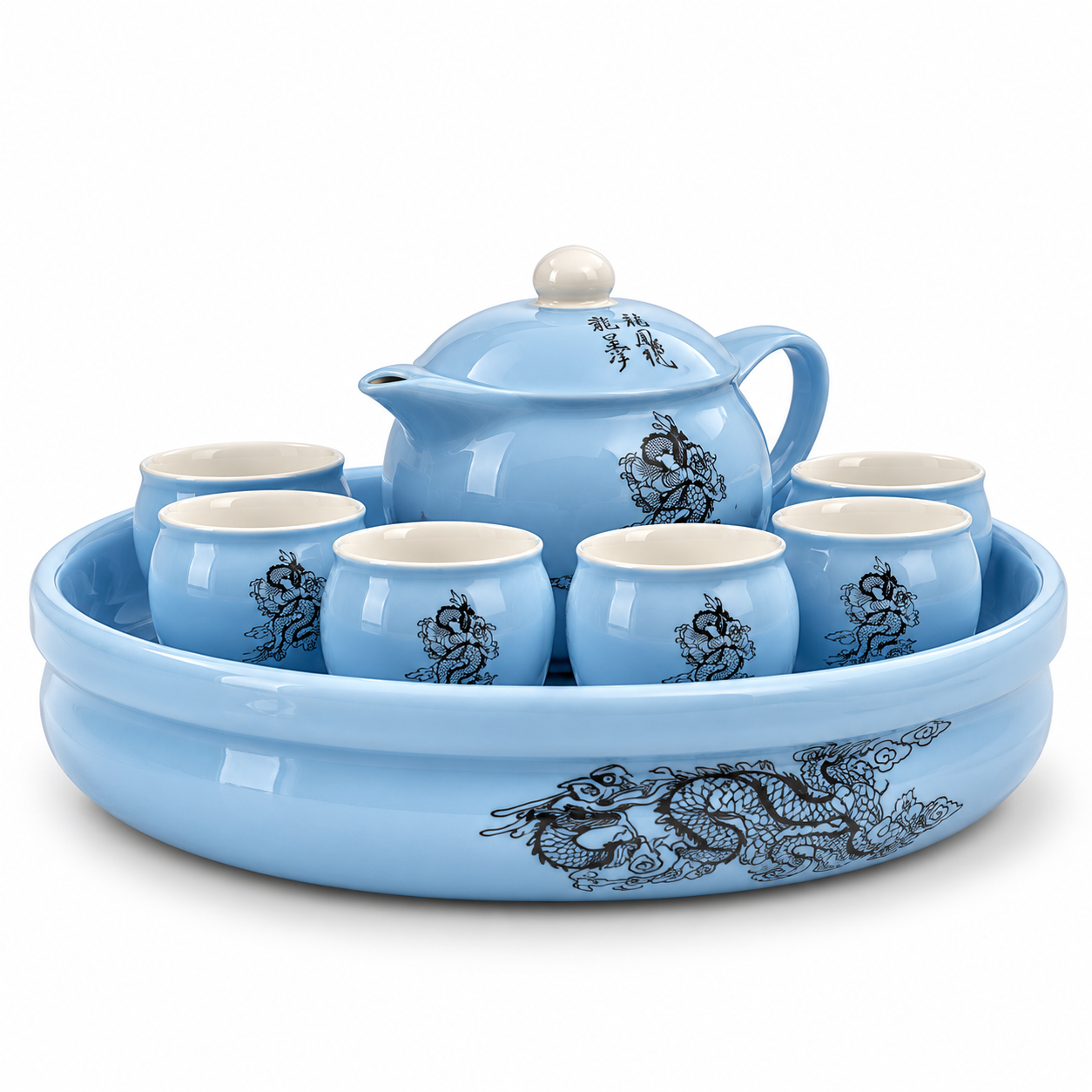 Blue Dragon Porcelain Tea Set with Tray 3D Model 1