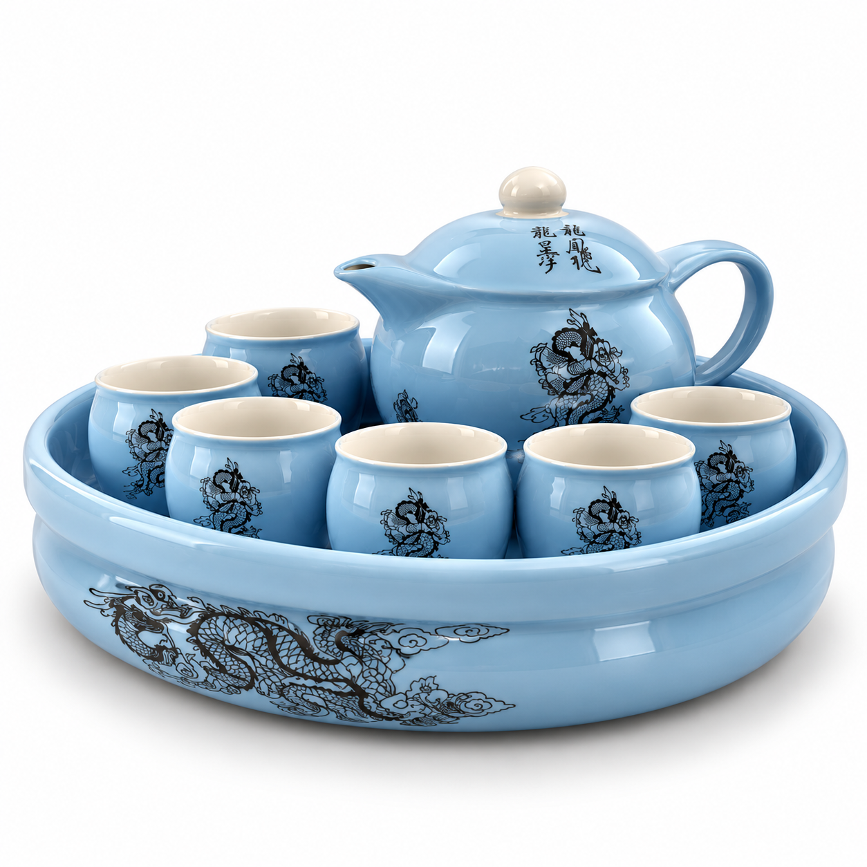 Blue Dragon Porcelain Tea Set with Tray 3D Model 3