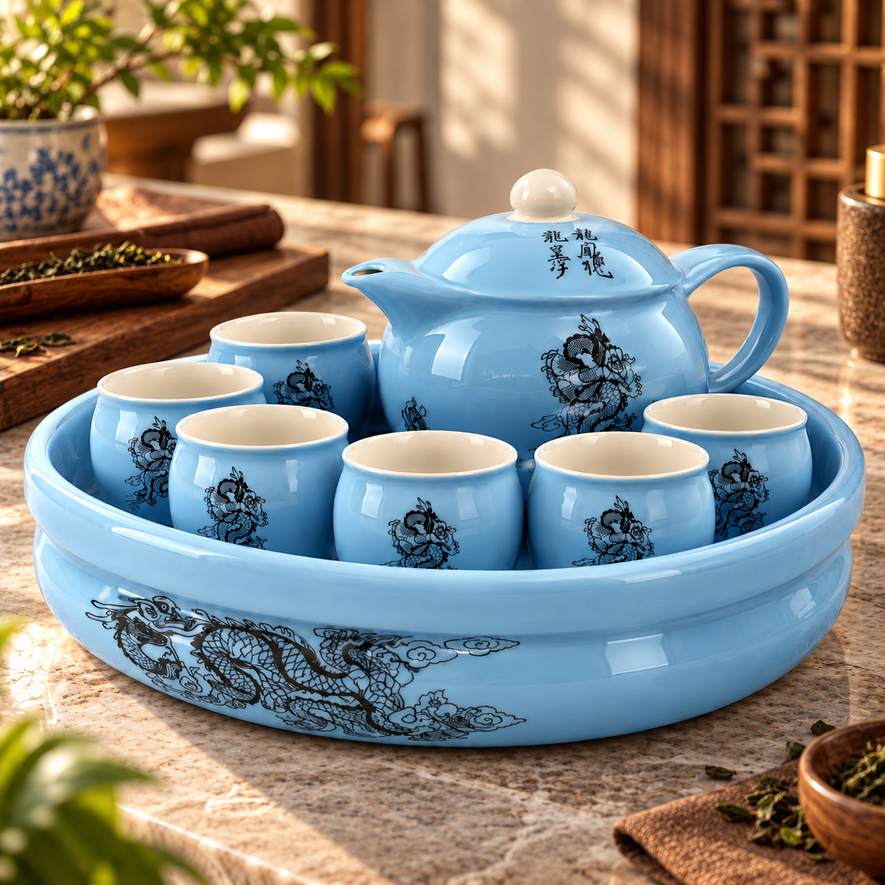 Blue Dragon Porcelain Tea Set with Tray 3D Model 4