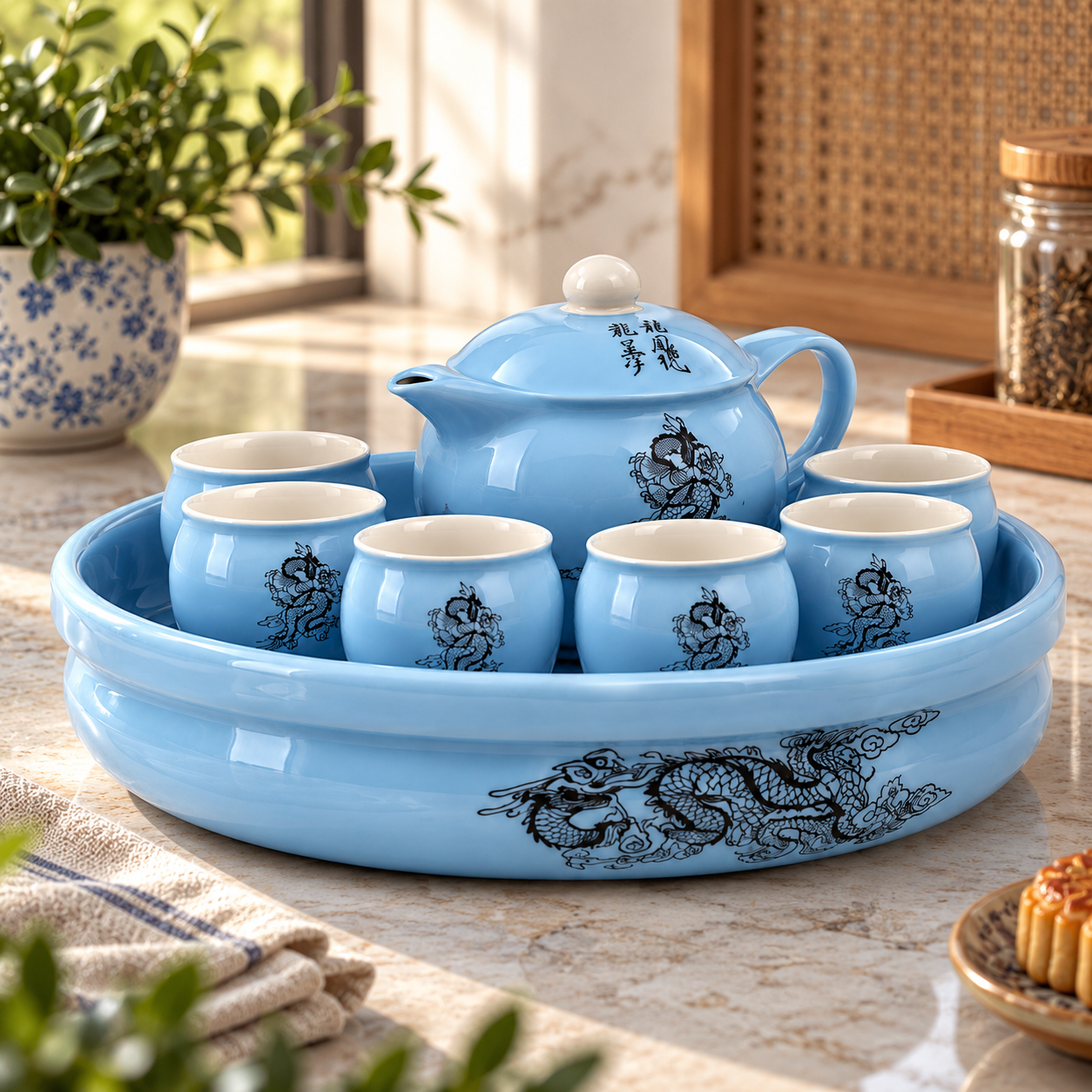 Blue Dragon Porcelain Tea Set with Tray 3D Model 2