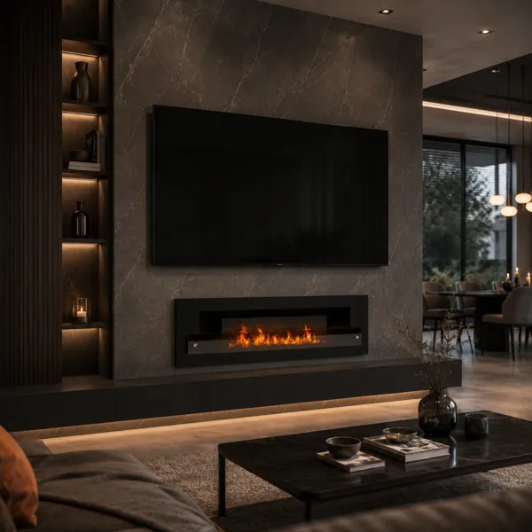 Black Linear Fireplace – Smoked Glass Guard & Silver Mounts 3D Model back