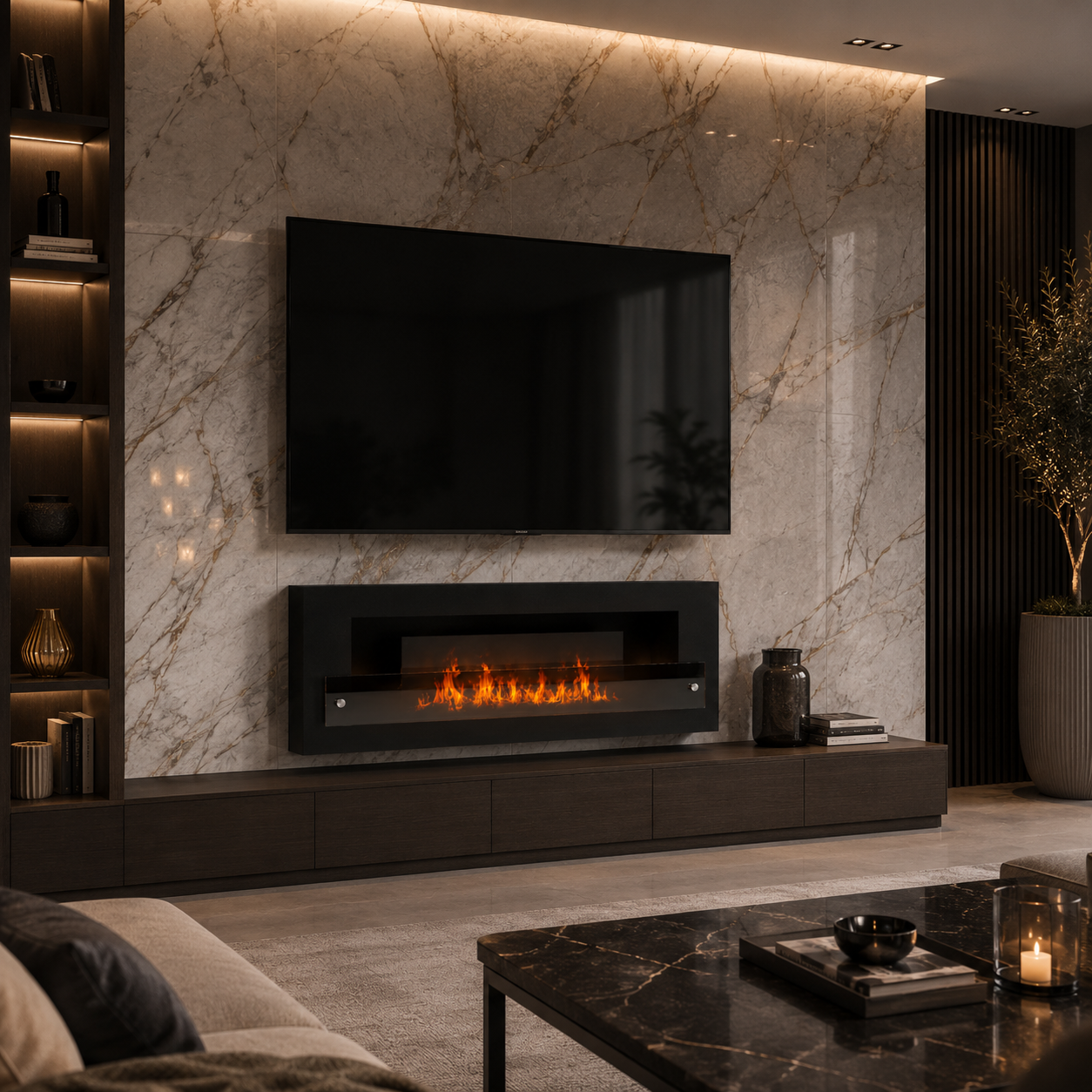 Black Linear Fireplace – Smoked Glass Guard & Silver Mounts 3D Model 3