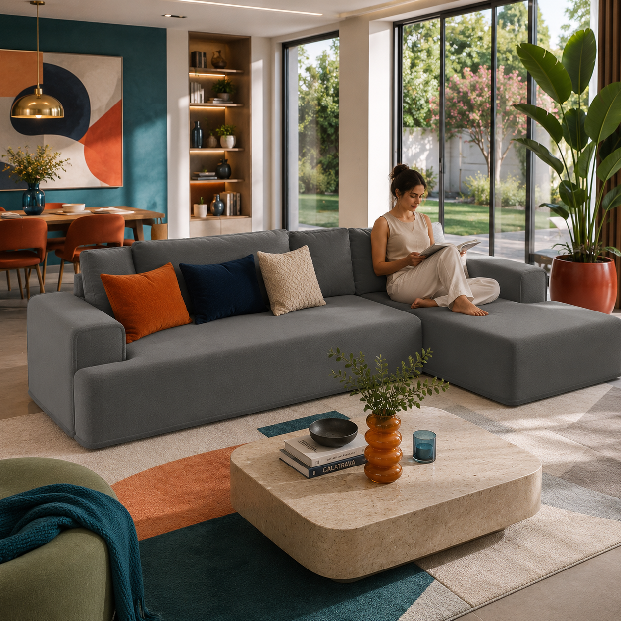 Warm Gray Velvet Chaise Sofa – Rounded Piped Edges 3D Model 4