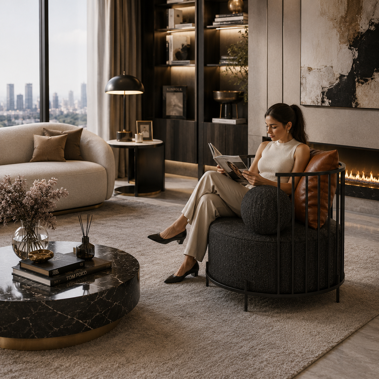 Charcoal Herringbone Armchair – Cognac Leather Cushion 3D Model 4