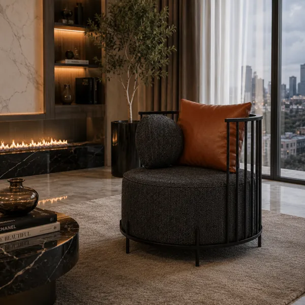 Charcoal Herringbone Armchair – Cognac Leather Cushion 3D Model back