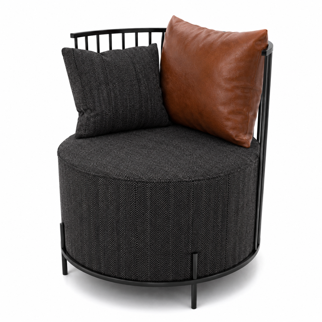 Charcoal Herringbone Armchair – Cognac Leather Cushion 3D Model 3