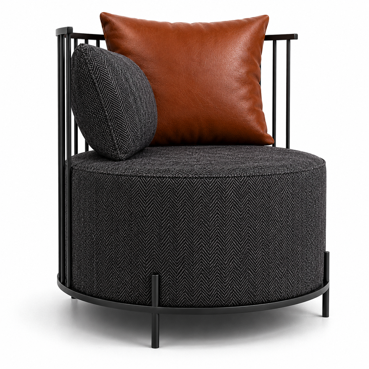 Charcoal Herringbone Armchair – Cognac Leather Cushion 3D Model