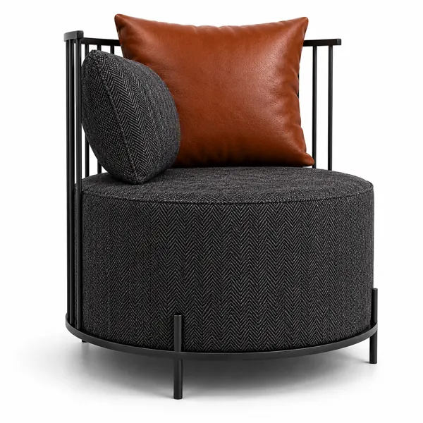 Charcoal Herringbone Armchair – Cognac Leather Cushion 3D Model