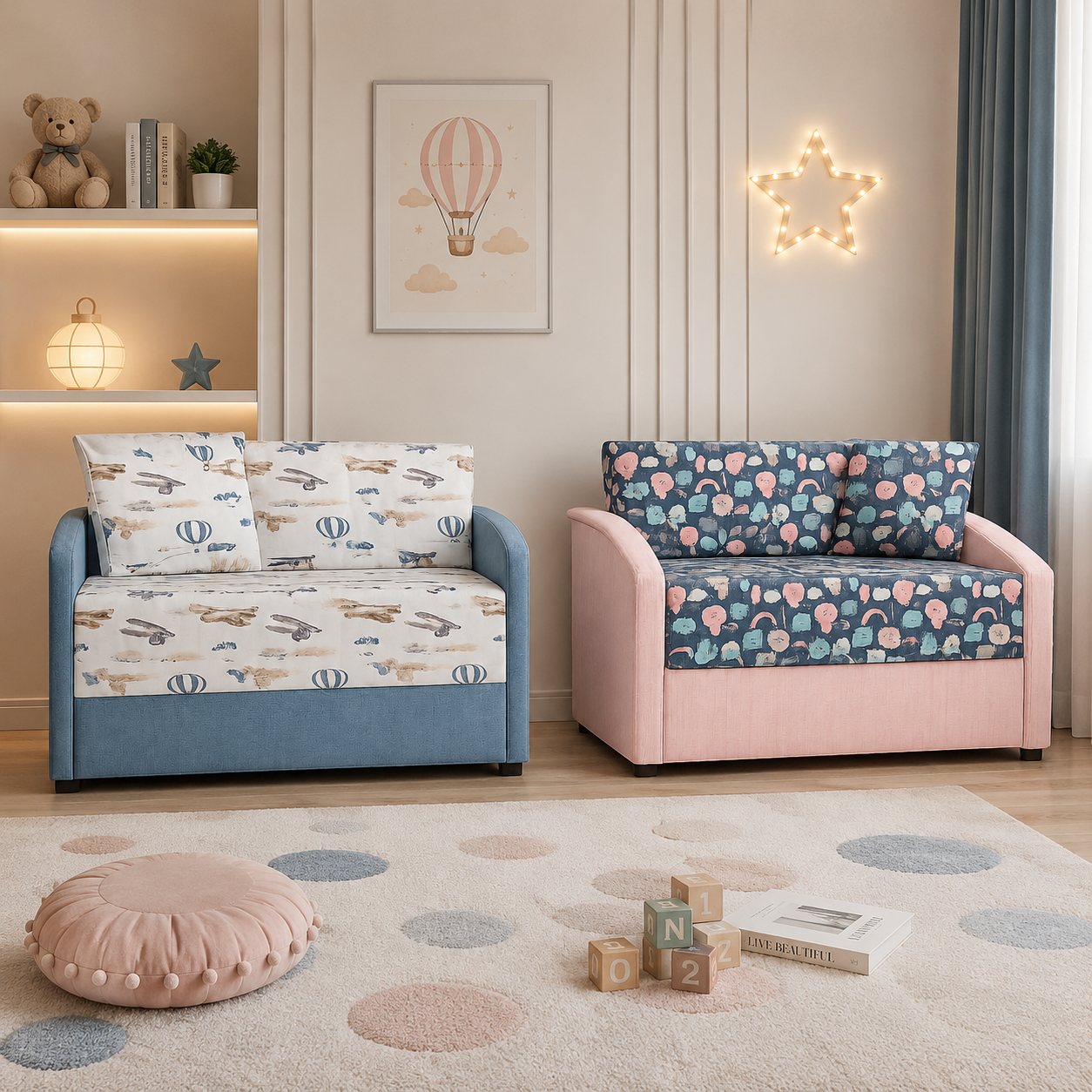 Kids Loveseat Set – Blue & Pink Patterned Fabric 3D Model 2