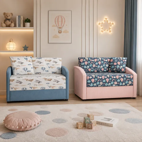 Kids Loveseat Set – Blue & Pink Patterned Fabric 3D Model back
