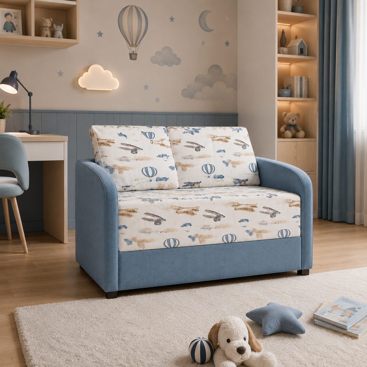 Kids Loveseat Set – Blue & Pink Patterned Fabric 3D Model 4