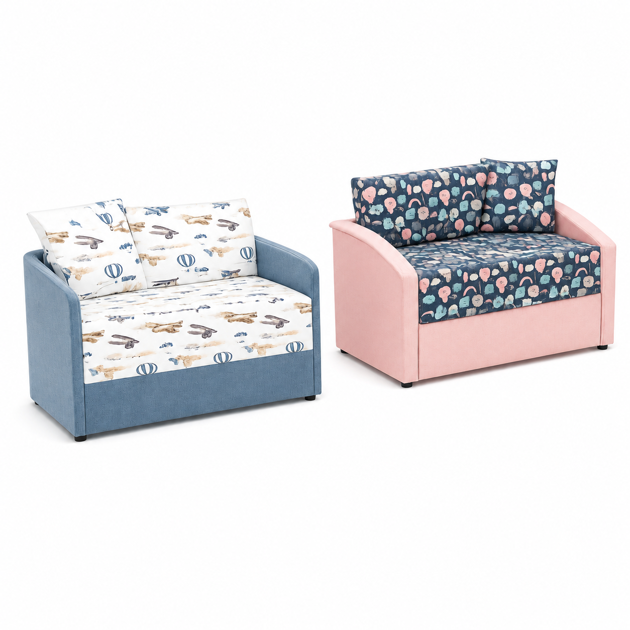 Kids Loveseat Set – Blue & Pink Patterned Fabric 3D Model 3
