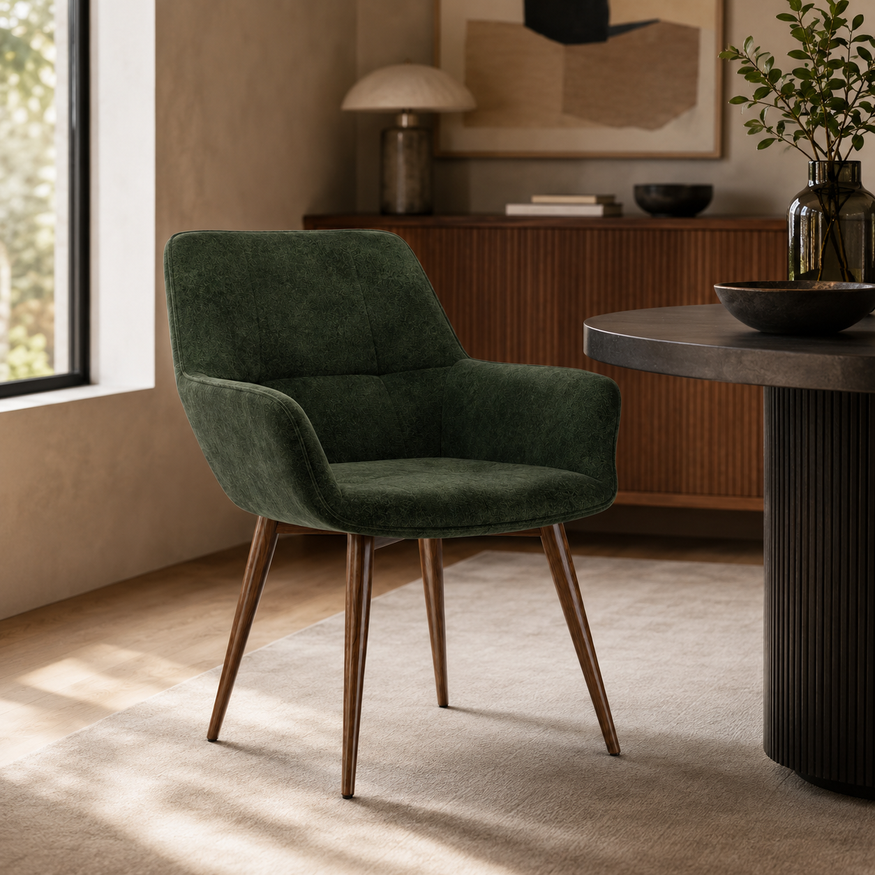Forest Green Fabric Armchair with Tapered Wood Legs 3D Model 2