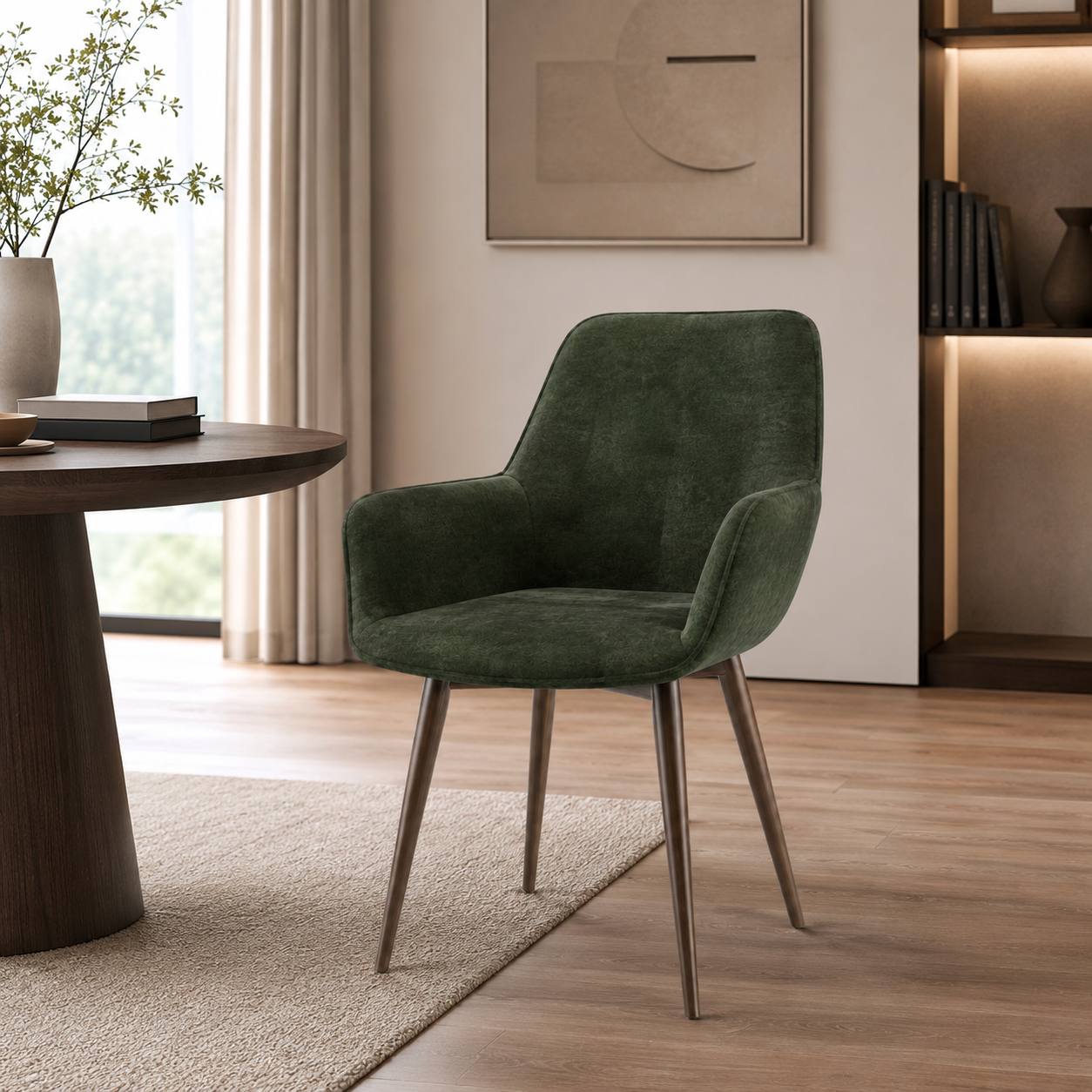 Forest Green Fabric Armchair with Tapered Wood Legs 3D Model 4