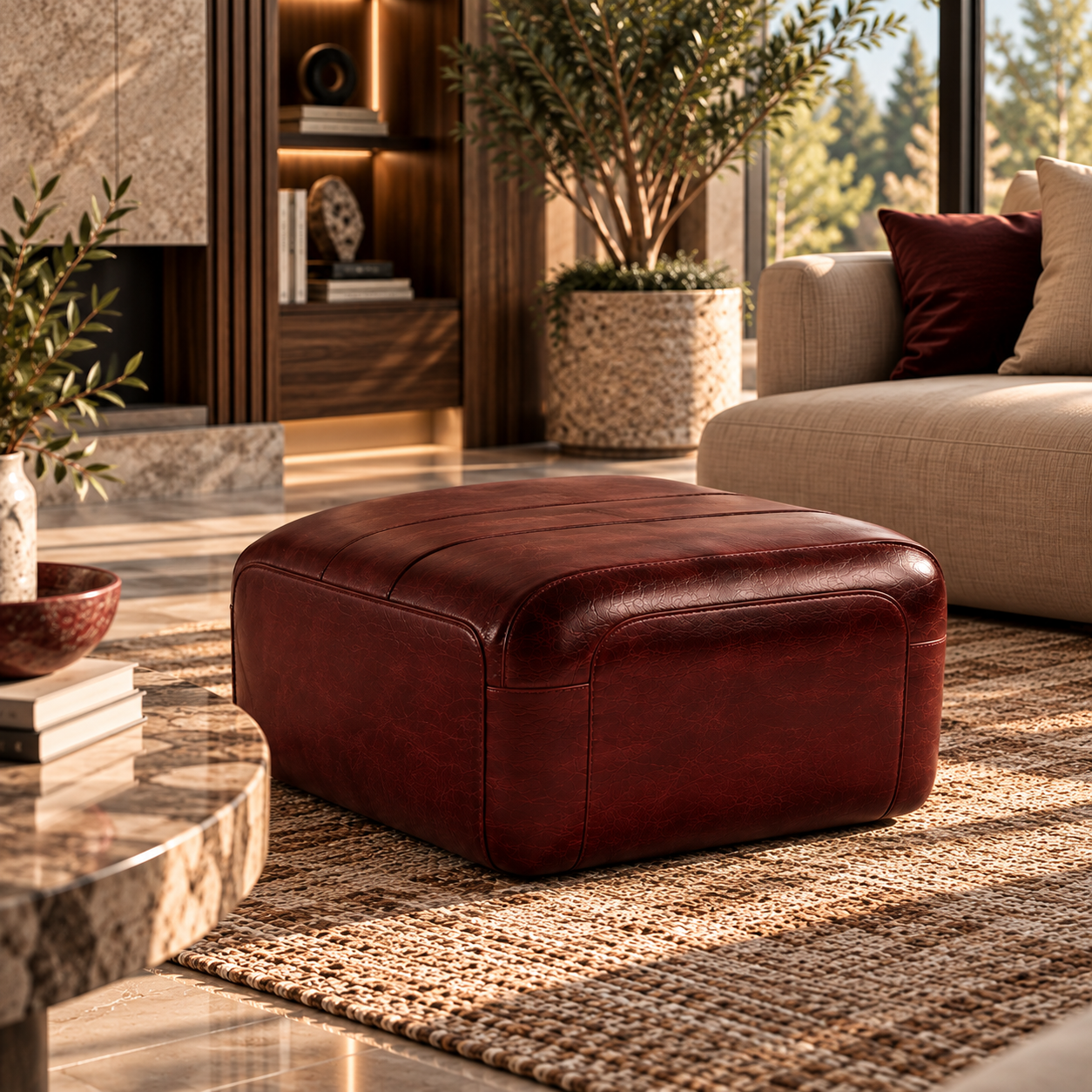 Burgundy Leather Channel Stitch Ottoman 3D Model 4