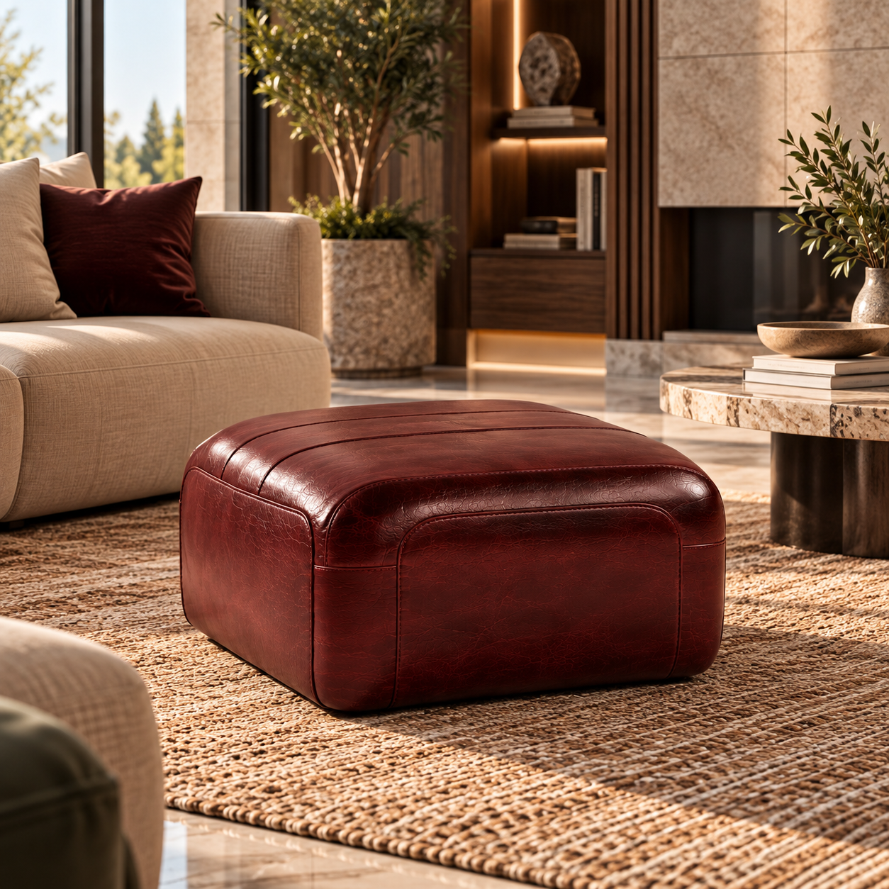 Burgundy Leather Channel Stitch Ottoman 3D Model 2