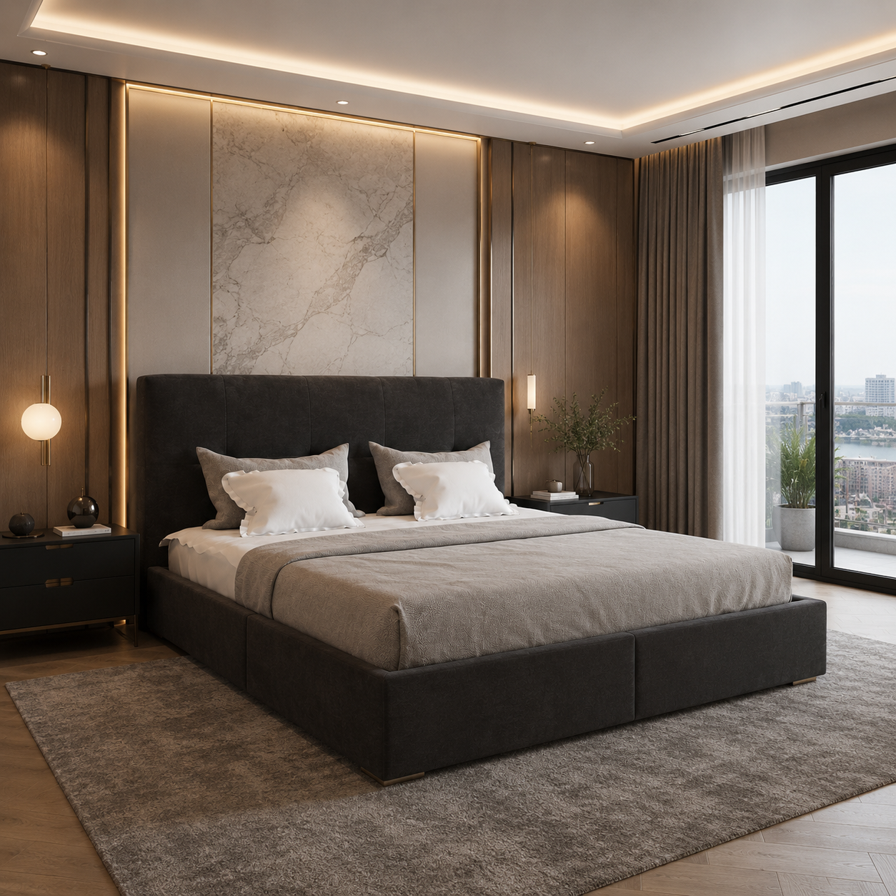 Charcoal Gray Vertical-Panel Upholstered Bed 3D Model 2