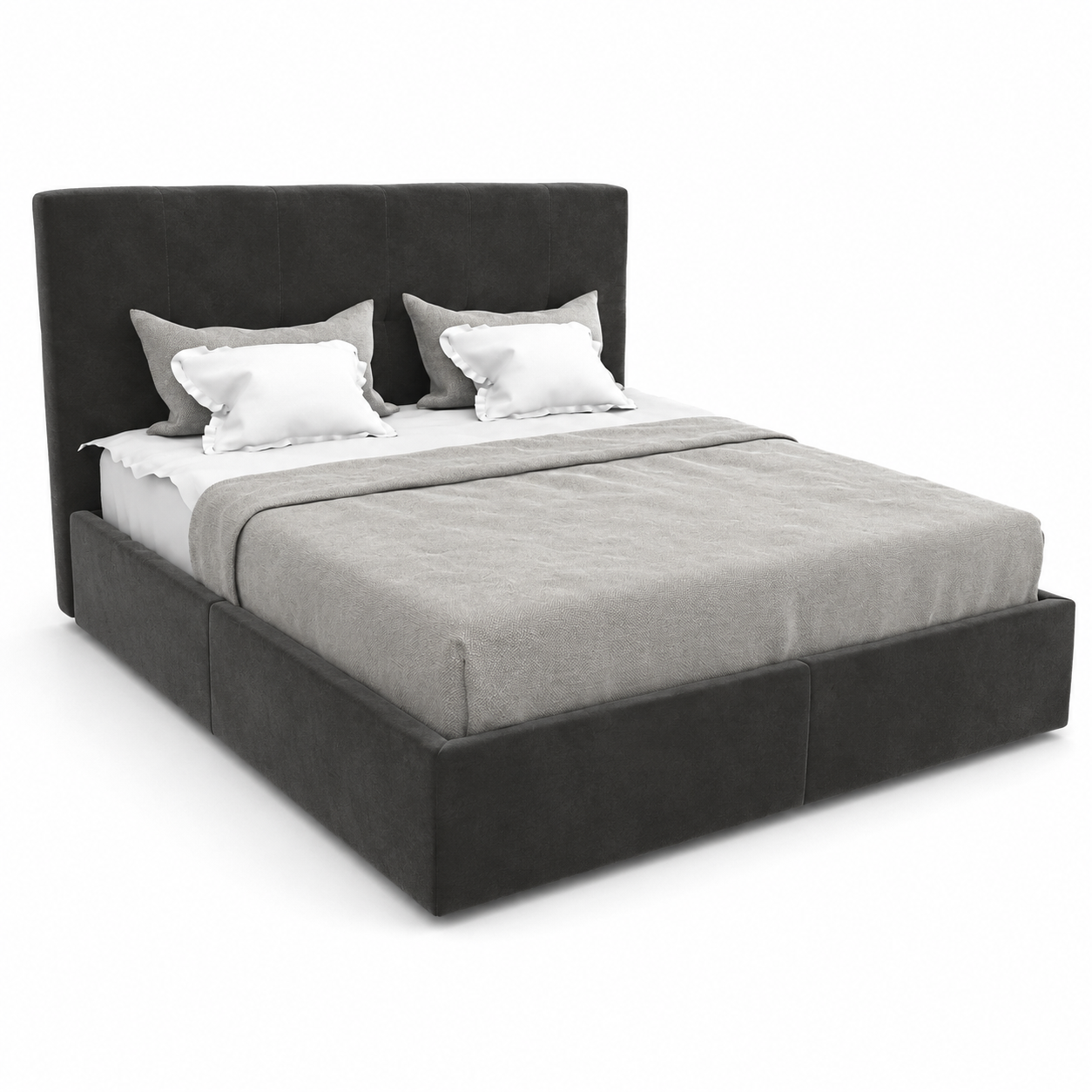 Charcoal Gray Vertical-Panel Upholstered Bed 3D Model 1