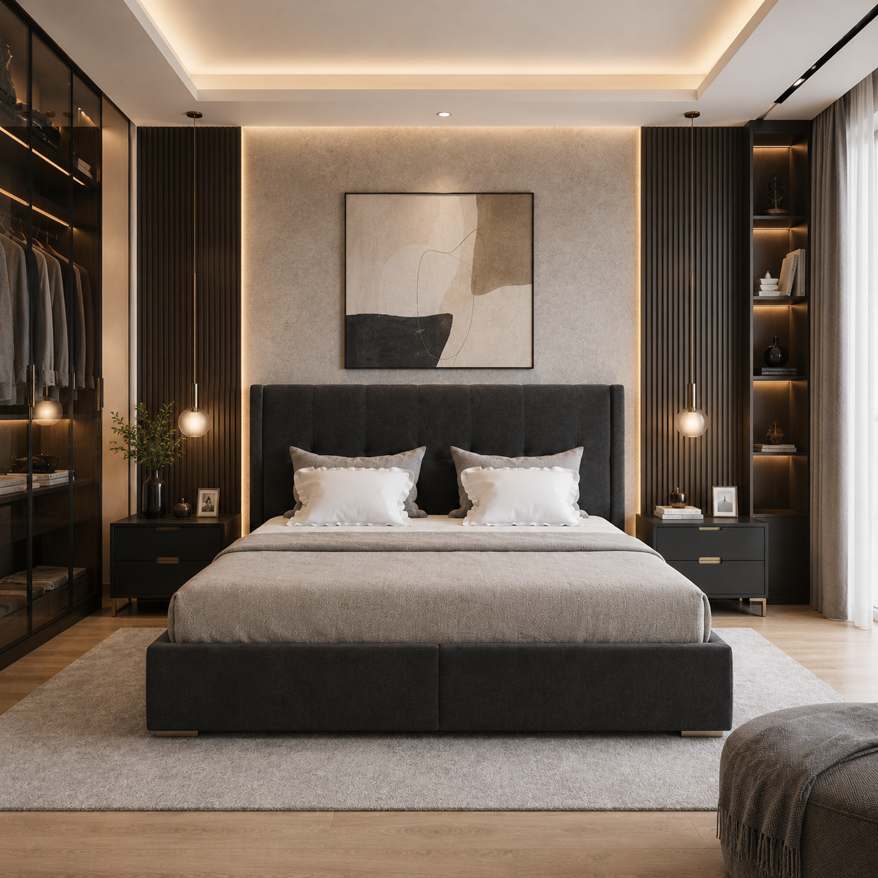 Charcoal Gray Vertical-Panel Upholstered Bed 3D Model 4