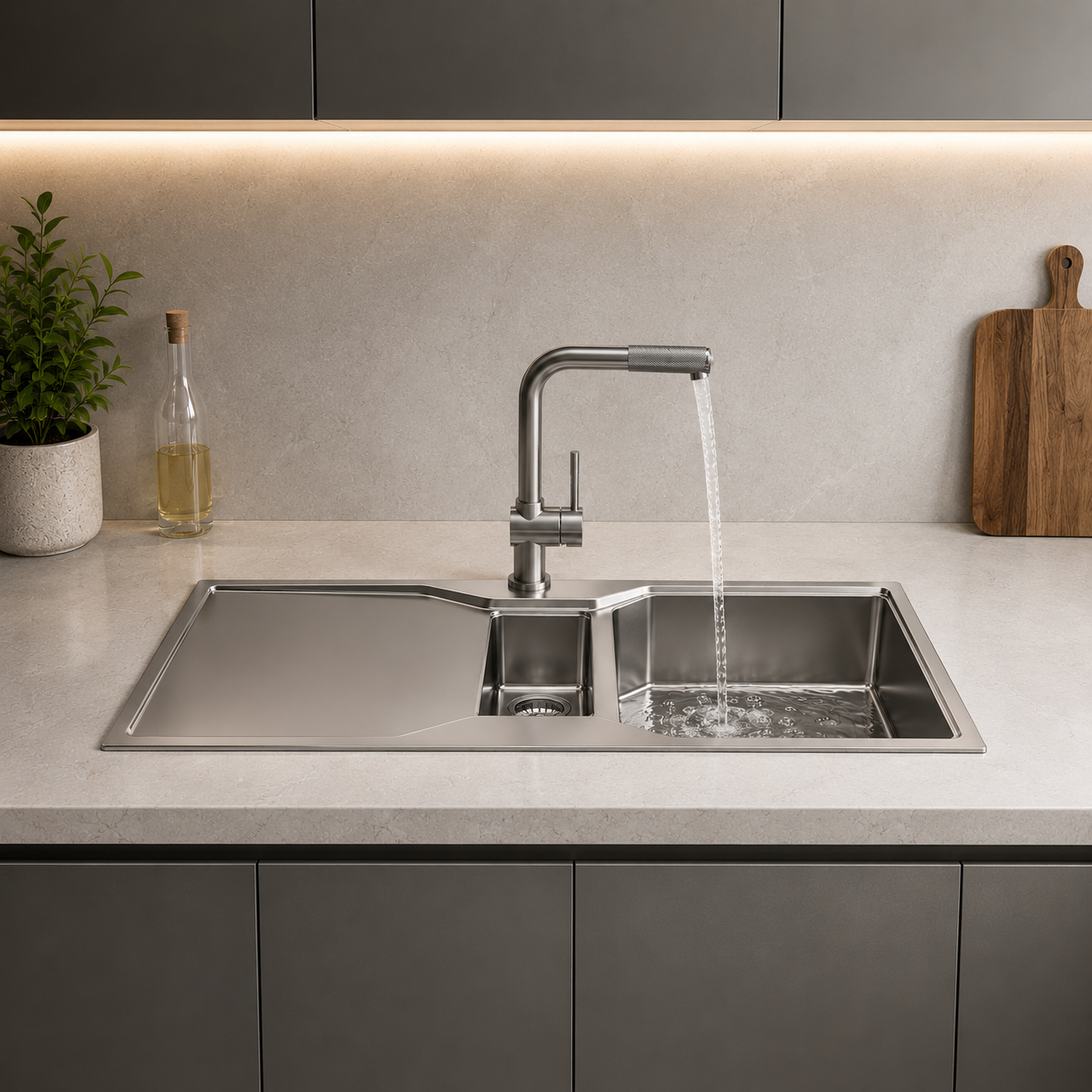 Double-Bowl Kitchen Sink – Brushed Silver Drainboard 3D Model 4