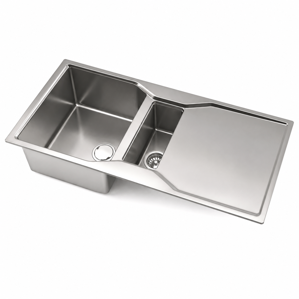 Double-Bowl Kitchen Sink – Brushed Silver Drainboard 3D Model 1