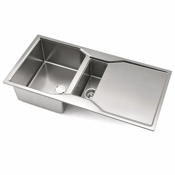 Double-Bowl Kitchen Sink – Brushed Silver Drainboard 3D Model