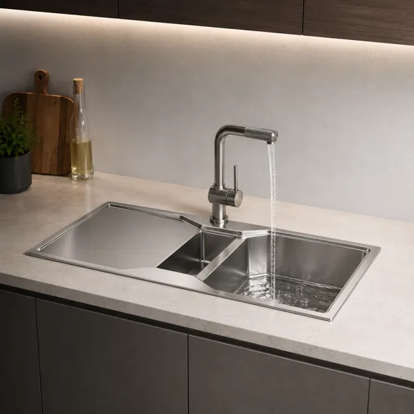 Double-Bowl Kitchen Sink – Brushed Silver Drainboard 3D Model back