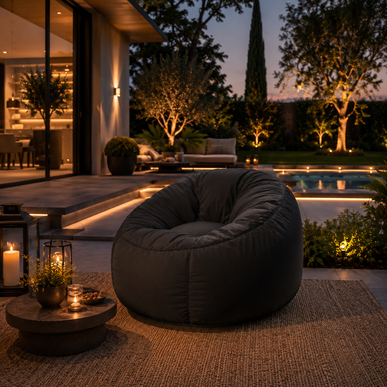 Black Sculpted Bean Bag Chair – Gathered Fabric Shell 3D Model 2
