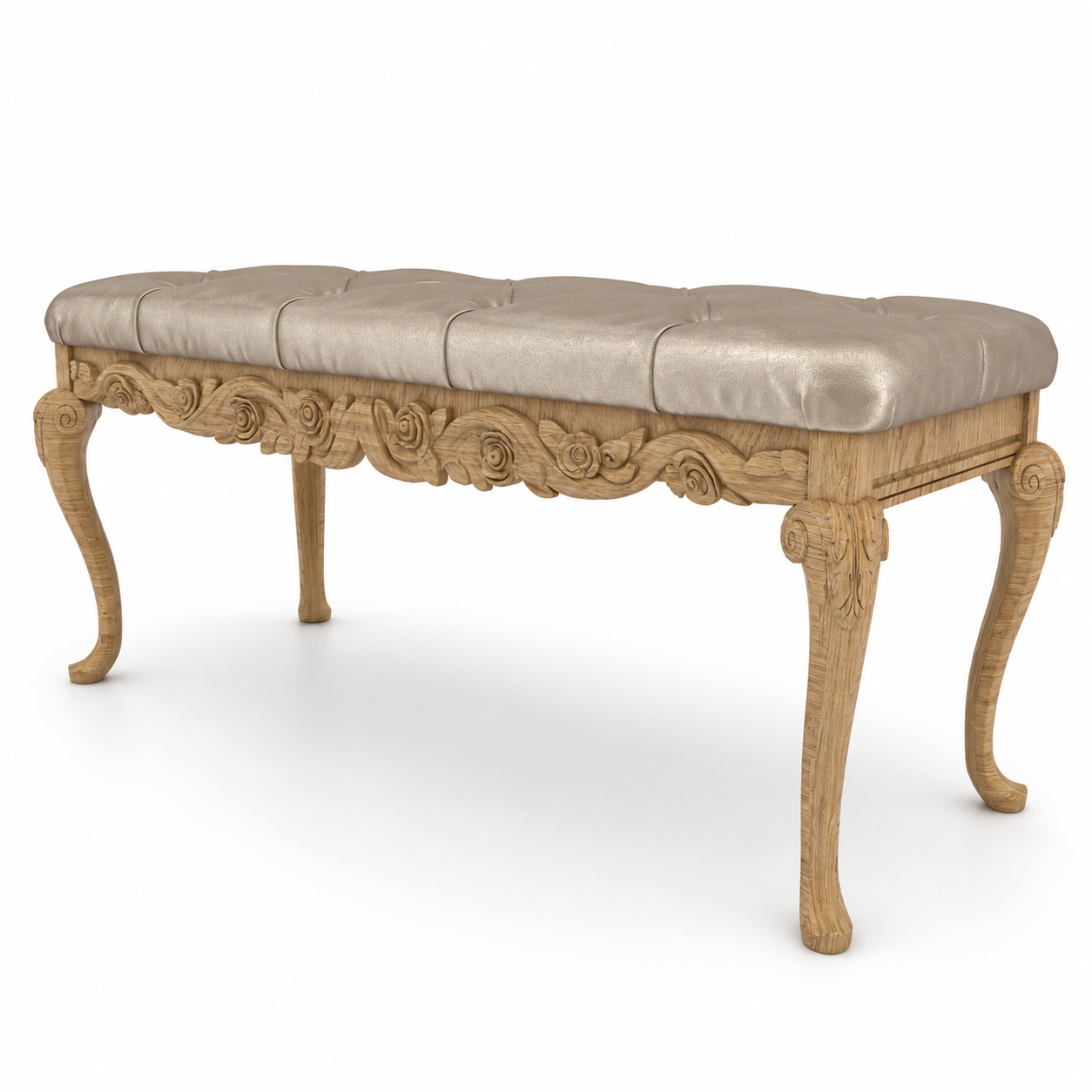Classic Carved Wood Bench – Beige Upholstered Seat 3D Model 3