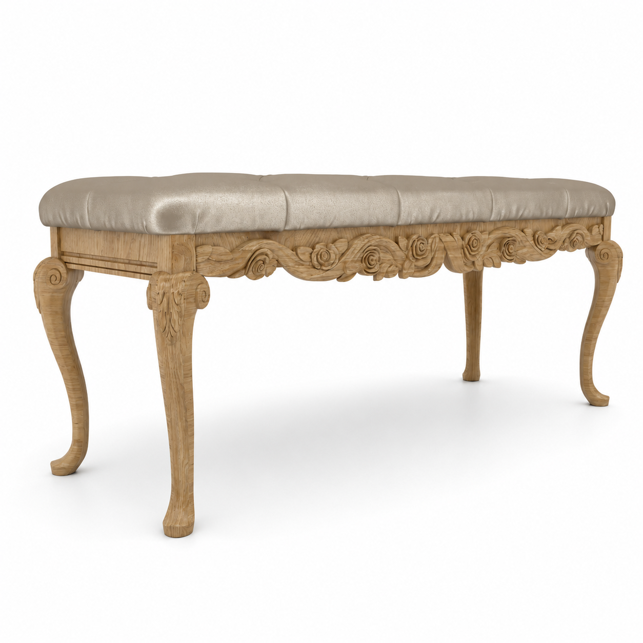Classic Carved Wood Bench – Beige Upholstered Seat 3D Model 1