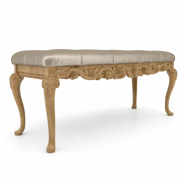 Classic Carved Wood Bench – Beige Upholstered Seat 3D Model
