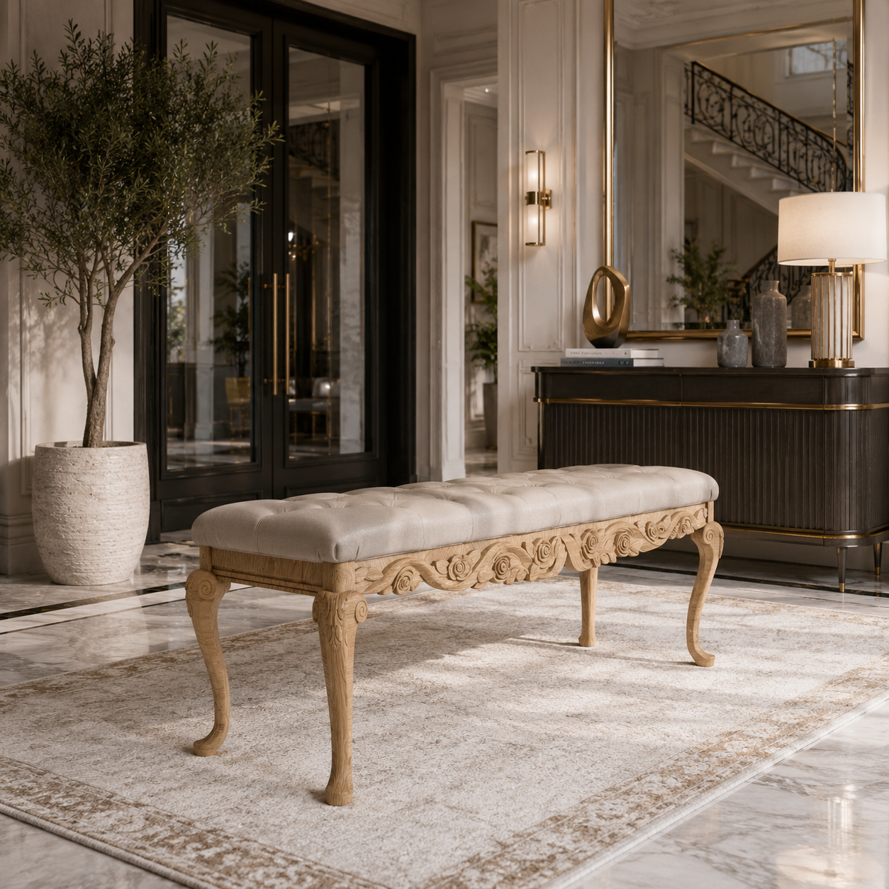 Classic Carved Wood Bench – Beige Upholstered Seat 3D Model 2