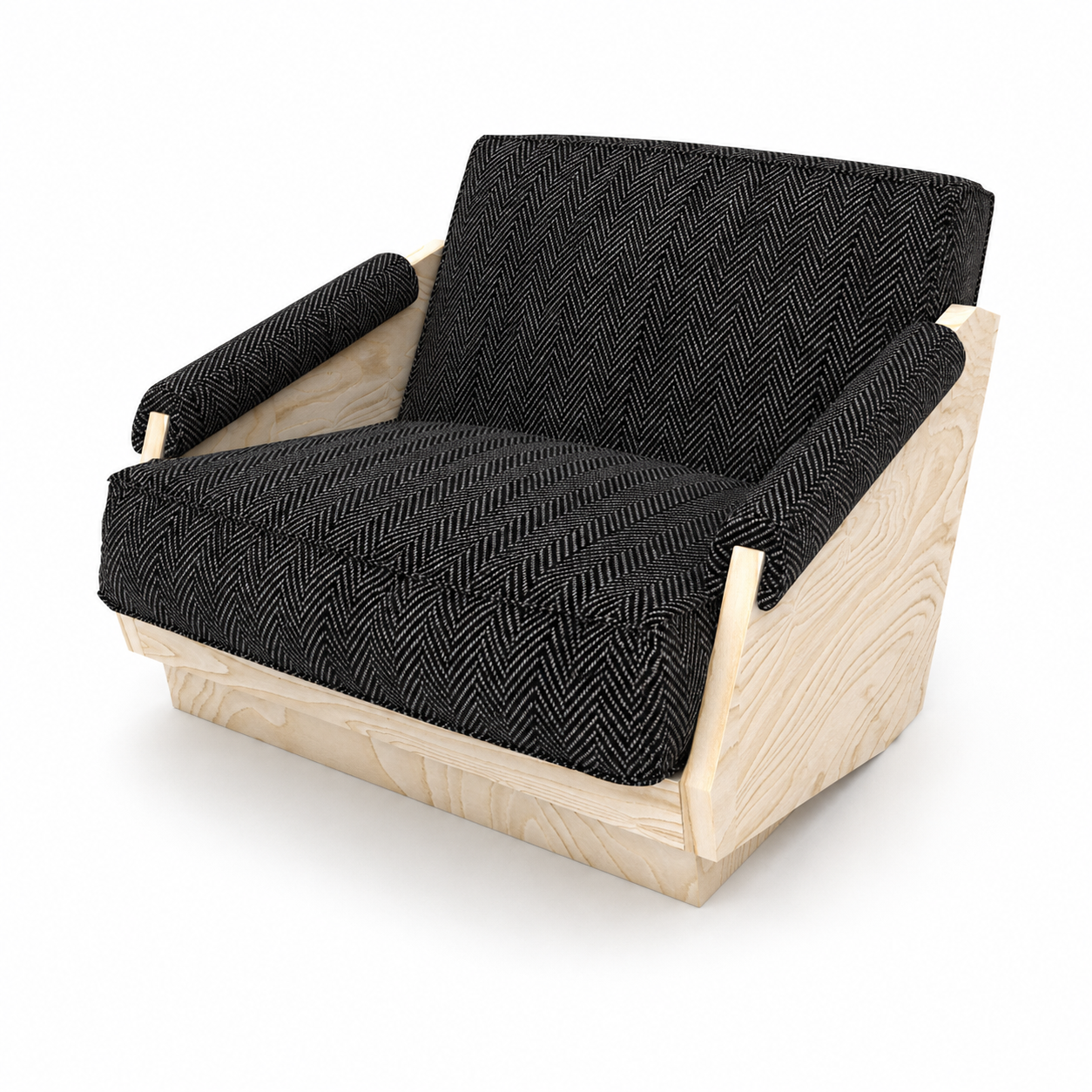 Black Herringbone Armchair – Pale Wood Frame 3D Model 3