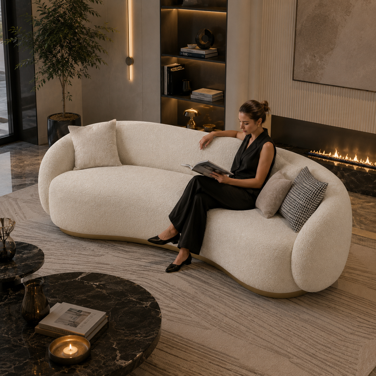 Ivory Curved Boucle Sofa 3D Model 4