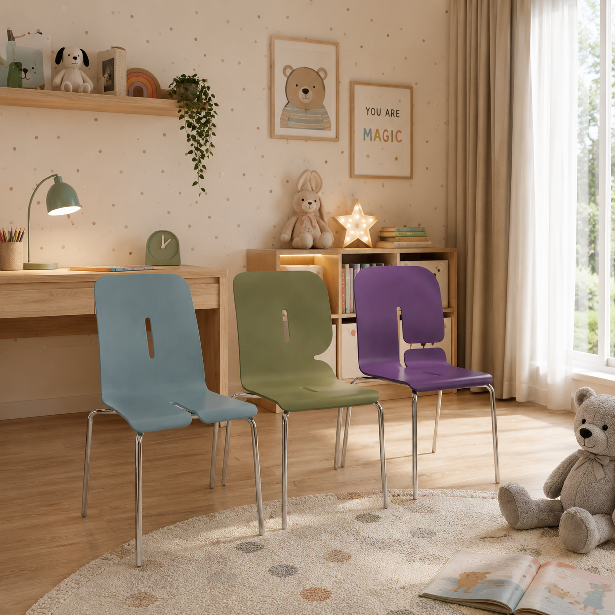 Contemporary Kids Chair Set – Blue Olive Purple Shells 3D Model 3