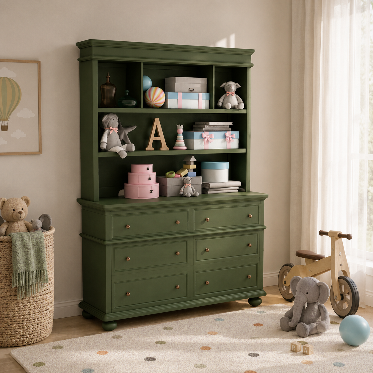 Olive Green Hutch Dresser – Open Toy Shelves 3D Model 2