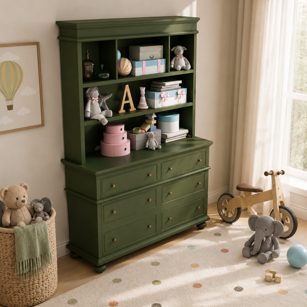 Olive Green Hutch Dresser – Open Toy Shelves 3D Model 3