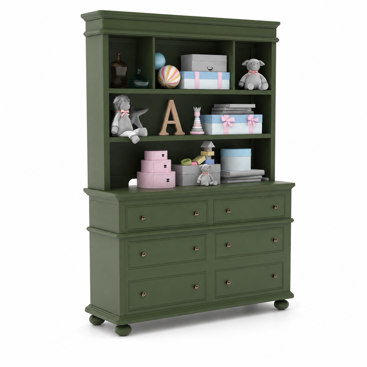 Olive Green Hutch Dresser – Open Toy Shelves 3D Model 1
