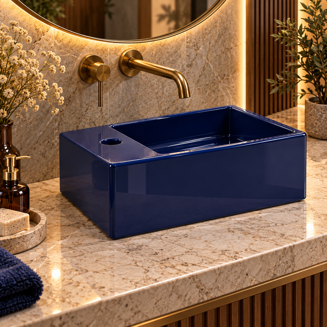 Glossy Navy Blue Rectangular Ceramic Washbasin 3D Model 2