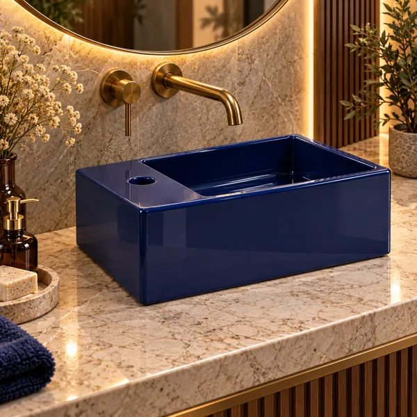 Glossy Navy Blue Rectangular Ceramic Washbasin 3D Model back