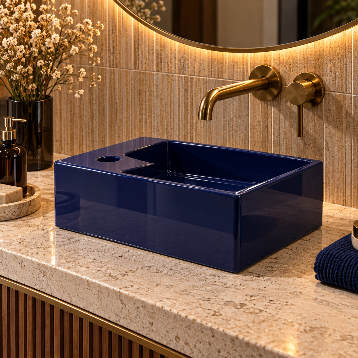 Glossy Navy Blue Rectangular Ceramic Washbasin 3D Model 4