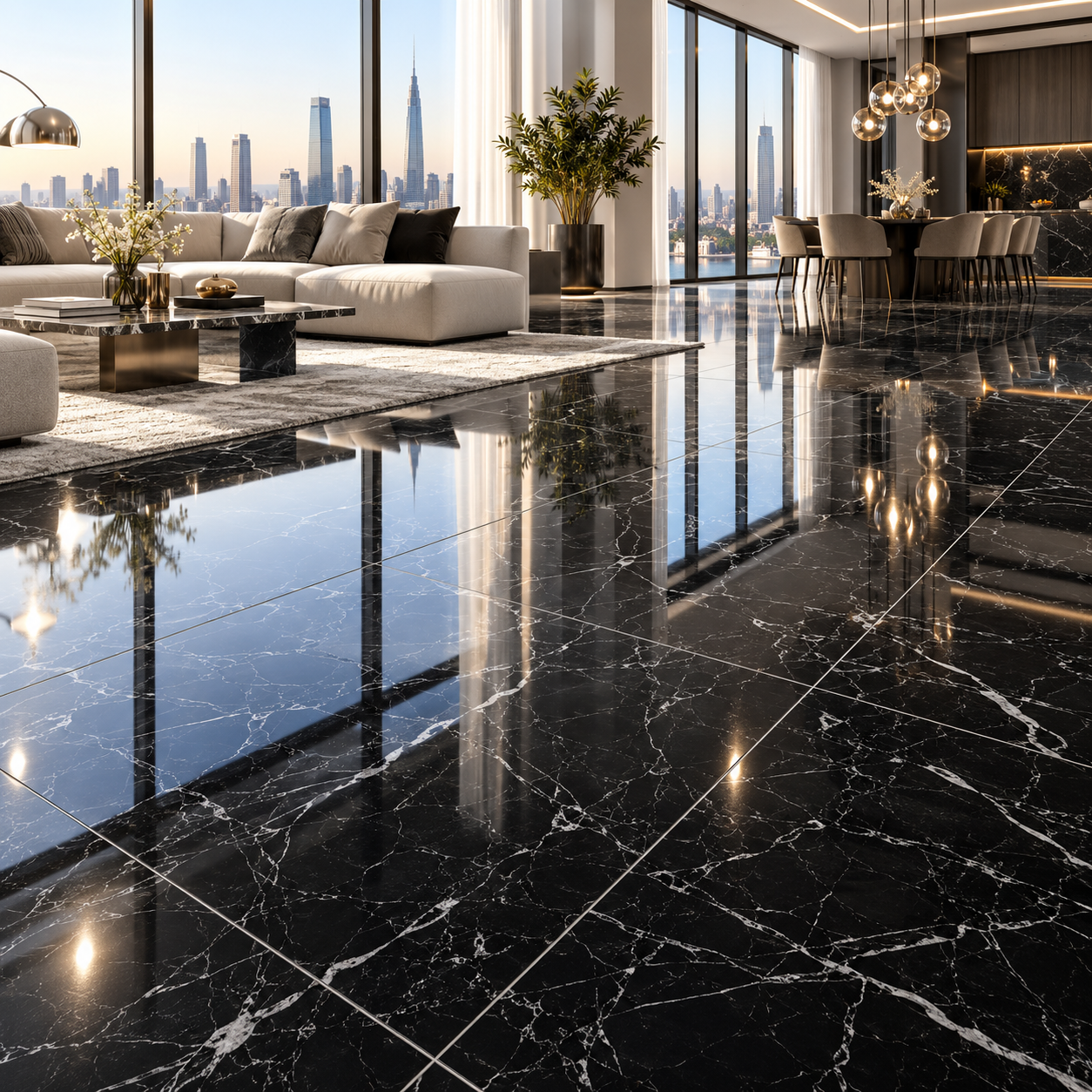 Deep Black Fine White Vein Marble Effect Ceramic Texture 2